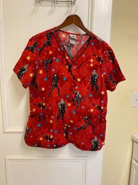 Marvel Avengers Red Black 100% Cotton Healthcare Uniform Scrub Top Size XL